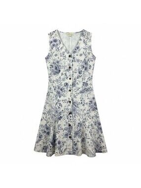 Indigo Rose S NWT Blue Floral Fit Flare V-Neck Sleeveless Linen Blend Dress